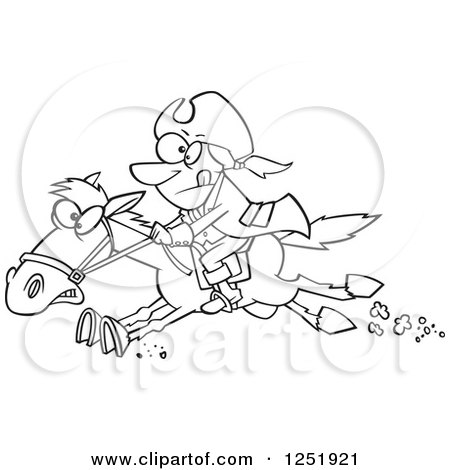 Clipart of a Black and White Cartoon Paul Revere Riding a Horse - Royalty Free Vector Illustration by toonaday