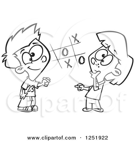 Clipart of a Black and White Boy and Girl Playing Tic Tac Toe - Royalty Free Vector Illustration by toonaday