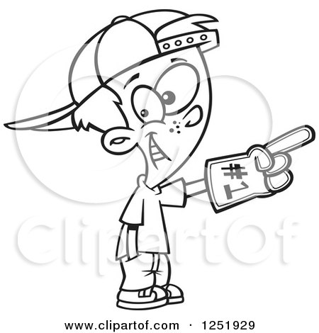 Clipart of a Black and White Sports Fan Boy Wearing a Foam Finger - Royalty Free Vector Illustration by toonaday