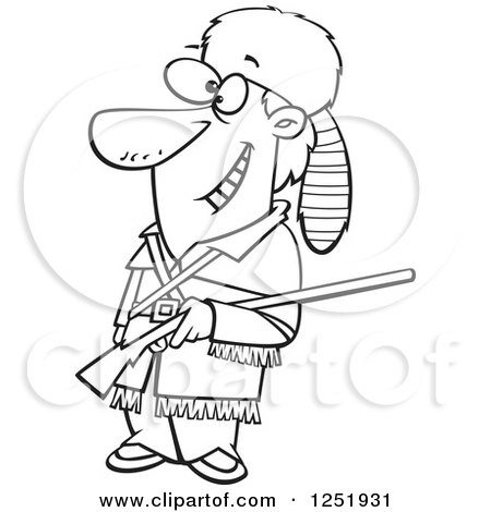 Clipart of a Black and White Cartoon Davy Crockett - Royalty Free Vector Illustration by toonaday
