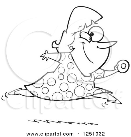 Clipart of a Black and White Chubby Woman Leaping with a Donut in Hand - Royalty Free Vector Illustration by toonaday