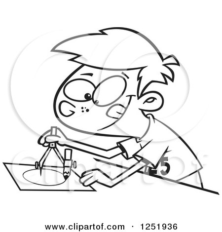 Clipart of a Black and White Boy Using a Drafting Compass - Royalty Free Vector Illustration by toonaday