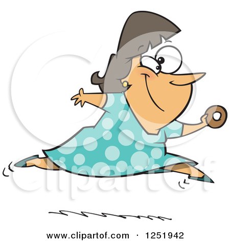 Clipart of a Chubby Caucasian Woman Leaping with a Donut in Hand - Royalty Free Vector Illustration by toonaday