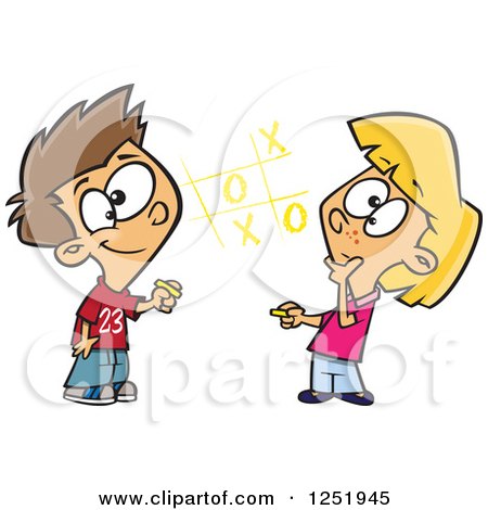 Clipart of a White Boy and Girl Playing Tic Tac Toe - Royalty Free Vector Illustration by toonaday
