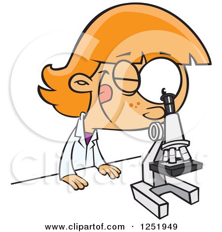 Clipart of a Red Haired Caucasian Girl Peeking Through a Microscope - Royalty Free Vector Illustration by toonaday