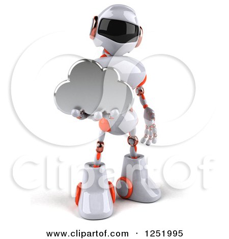 Clipart of a 3d White and Orange Robot Holding a Cloud - Royalty Free Illustration by Julos