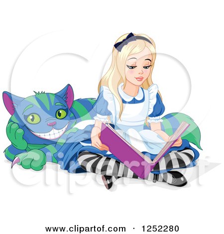 Clipart of Alice in Wonderland Reading a Book with the Cheshire Cat - Royalty Free Vector Illustration by Pushkin