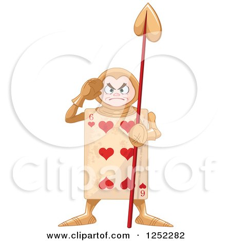 Clipart of an Alice in Wonderland Heart Playing Card Guard Standing with a Spear - Royalty Free Vector Illustration by Pushkin