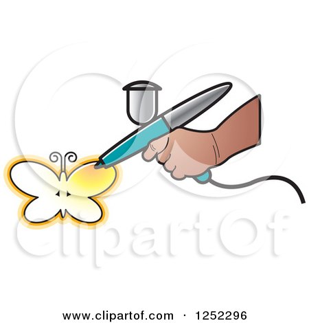 Clipart of a Hand Airbrushing a Yellow Butterfly - Royalty Free Vector Illustration by Lal Perera