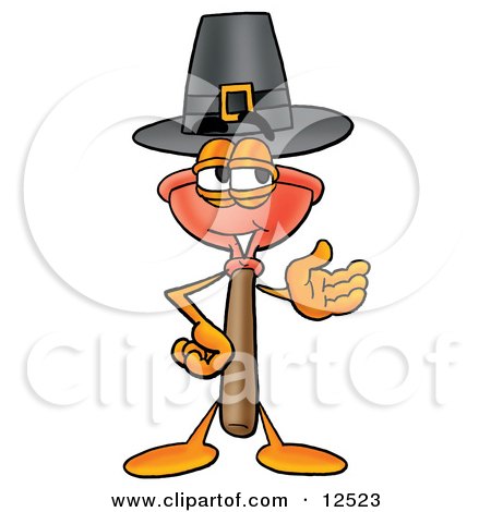 Clipart Picture of a Sink Plunger Mascot Cartoon Character Wearing a Pilgrim Hat on Thanksgiving by Mascot Junction