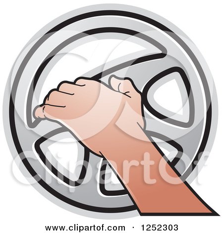 Clipart of a Hand Operating a Silver Steering Wheel - Royalty Free Vector Illustration by Lal Perera