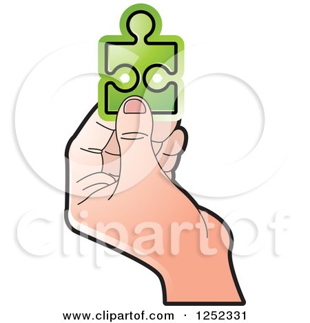 Clipart of a Hand Holding a Green Jigsaw Puzzle Piece - Royalty Free Vector Illustration by Lal Perera
