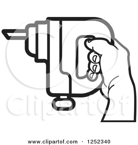 Clipart of a Black and White Hand Holding a Drill - Royalty Free Vector Illustration by Lal Perera