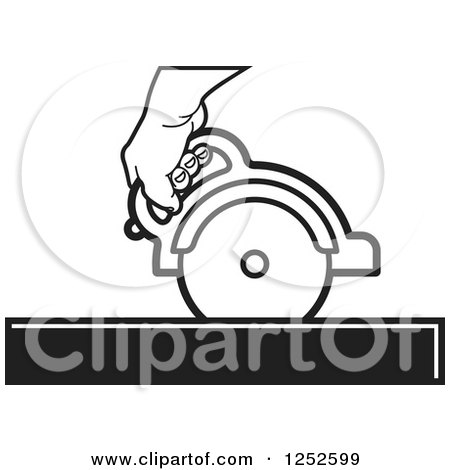 Clipart of a Black and White Hand Operating a Circular Saw - Royalty Free Vector Illustration by Lal Perera