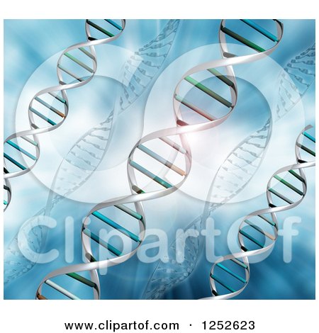 Clipart of a Blue Background with 3d Colorful DNA Strands - Royalty Free Illustration by KJ Pargeter