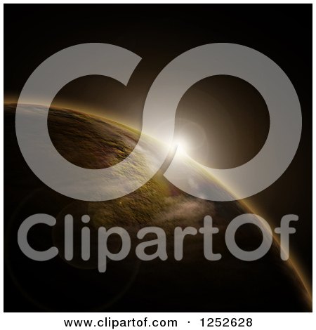 Clipart of a 3d Background of the Sun Rising over a Planet - Royalty Free Illustration by KJ Pargeter