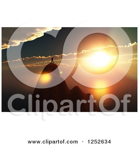 Clipart of a Silhouetted 3d Man Cheering on A Mountain Top over the Ocean at Sunset - Royalty Free Illustration by KJ Pargeter