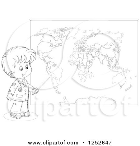 Clipart of a Black and White School Boy Pointing to a Map - Royalty Free Vector Illustration by Alex Bannykh