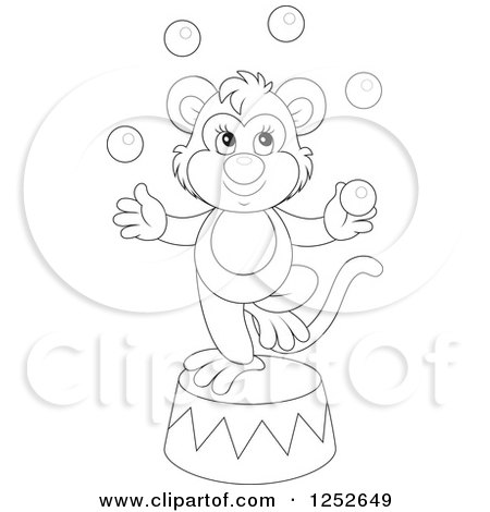 Clipart of a Black and White Circus Monkey Juggling Balls on a Podium - Royalty Free Vector Illustration by Alex Bannykh