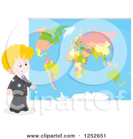 Clipart of a Blond White School Boy Pointing to a Map - Royalty Free Vector Illustration by Alex Bannykh