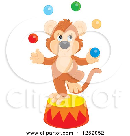 Clipart of a Circus Monkey Juggling Balls on a Podium - Royalty Free Vector Illustration by Alex Bannykh