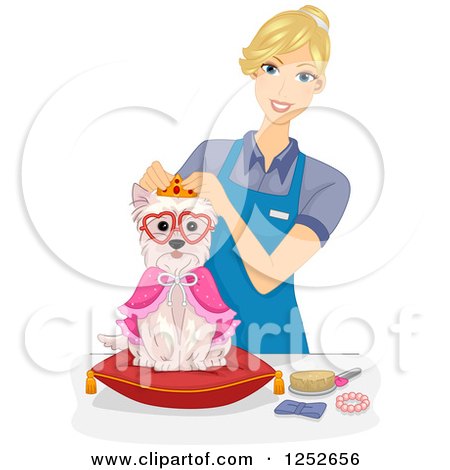 Clipart of a Blond Caucasian Groomer Dressing up a Dog - Royalty Free Vector Illustration by BNP Design Studio