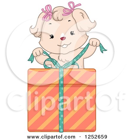 Clipart of a Cute Dog Unwrapping a Birthday Gift - Royalty Free Vector Illustration by BNP Design Studio