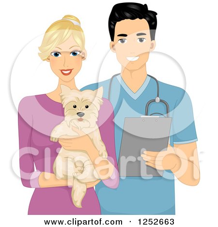 Clipart of a Blond Caucasian Woman Holding a Dog by a Handsome Male Veterinarian - Royalty Free Vector Illustration by BNP Design Studio