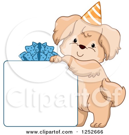 Clipart of a Cute Dog Resting on a Gift Box Sign - Royalty Free Vector Illustration by BNP Design Studio