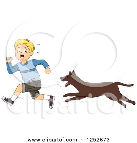 Clipart of a Blond Caucasian Boy Running from an Attacking Dog - Royalty Free Vector Illustration by BNP Design Studio