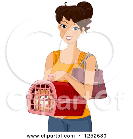 Clipart of a Happy Woman Carrying a Dog in a Carrier - Royalty Free Vector Illustration by BNP Design Studio