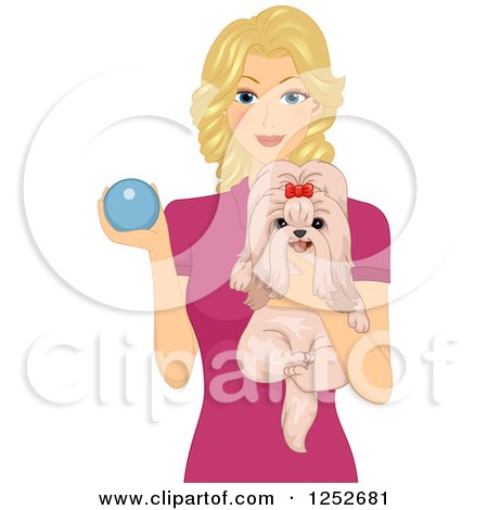 Clipart of a Blond Caucasian Woman Holding a Dog and Ball - Royalty Free Vector Illustration by BNP Design Studio