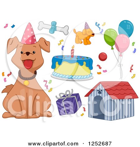 Clipart of a Birthday Dog and Party Accessories - Royalty Free Vector Illustration by BNP Design Studio