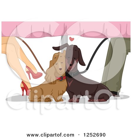 Clipart of a Dog Couple Cuddling Under a Table Beneath a Human Couple - Royalty Free Vector Illustration by BNP Design Studio