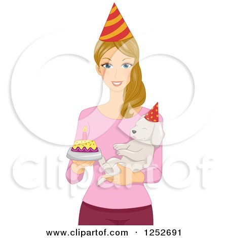 Clipart of a Blond Caucasian Woman Holding Her Birthday Dog and a Cake - Royalty Free Vector Illustration by BNP Design Studio