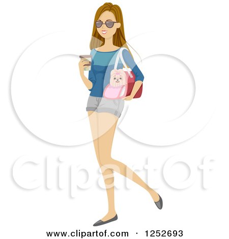 Clipart of a Caucasian Woman Carrying a Coffee and Dog in a Carrier - Royalty Free Vector Illustration by BNP Design Studio