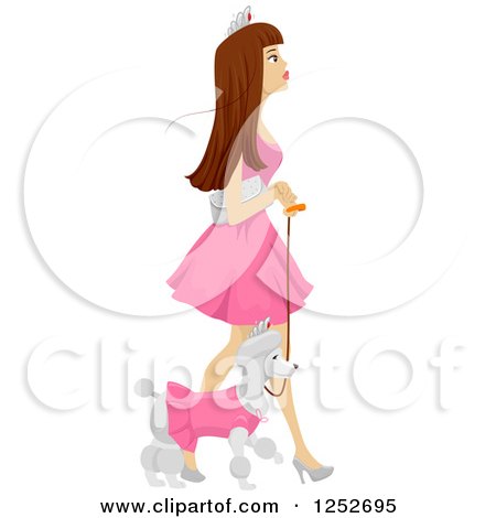 Clipart of a Brunette Caucasian Woman in a Princess Costume, Walking Her Poodle - Royalty Free Vector Illustration by BNP Design Studio