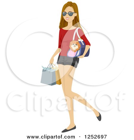 Clipart of a Young Caucasian Woman Carrying Her Dog in a Carrier While Shopping - Royalty Free Vector Illustration by BNP Design Studio