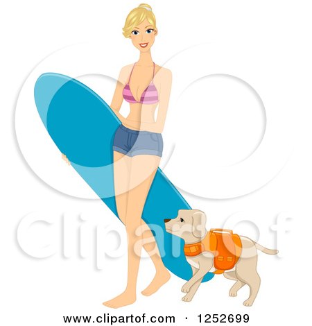 Clipart of a Blond Caucasian Woman Going Surfing with Her Dog - Royalty Free Vector Illustration by BNP Design Studio