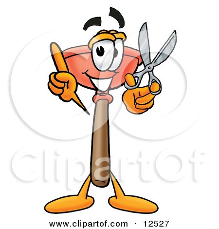 Clipart Picture of a Sink Plunger Mascot Cartoon Character Holding a Pair of Scissors by Mascot Junction