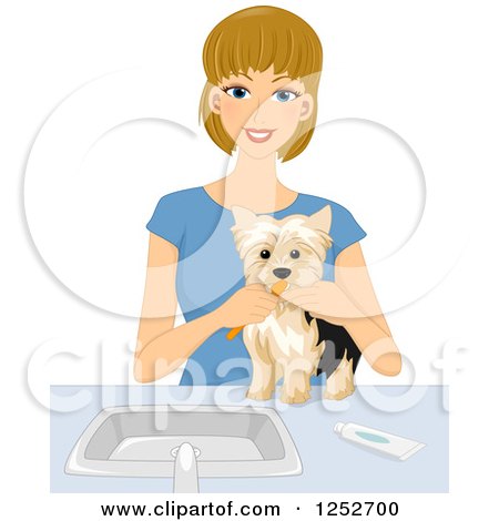 Clipart of a Blond Caucasian Woman Brushing Her Dog's Teeth - Royalty Free Vector Illustration by BNP Design Studio