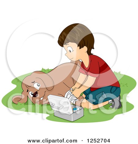 Clipart of a Brunette Caucasian Boy Playing Veterinarian with His Dog - Royalty Free Vector Illustration by BNP Design Studio