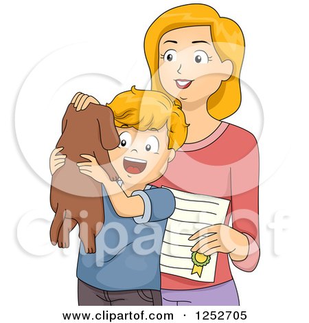 Clipart of a Caucasian Mother Giving Her Son a Puppy - Royalty Free Vector Illustration by BNP Design Studio