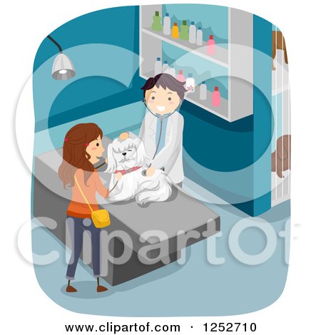 Clipart of a Caucasian Woman and Veterinarian Going over a Check up for Her Dog - Royalty Free Vector Illustration by BNP Design Studio