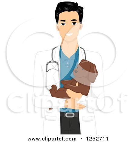 Clipart of a Handsome Veterinarian Man Holding a Puppy - Royalty Free Vector Illustration by BNP Design Studio