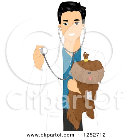 Clipart of a Handsome Male Veterinarian Holding a Dog and Stethoscope - Royalty Free Vector Illustration by BNP Design Studio
