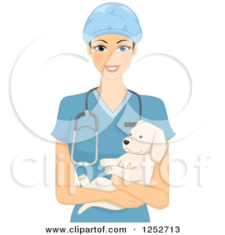 Clipart of a Female Veterinarian Holding a Puppy - Royalty Free Vector Illustration by BNP Design Studio