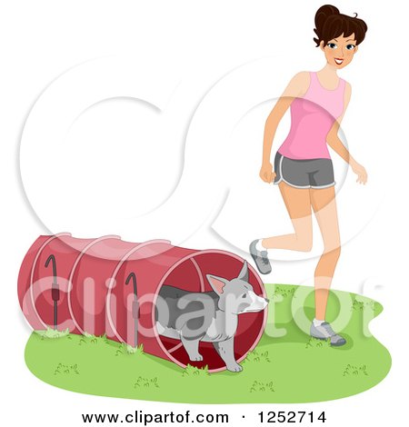 Clipart of a Caucasian Woman Running Her Dog Through an Agility Course Tunnel - Royalty Free Vector Illustration by BNP Design Studio
