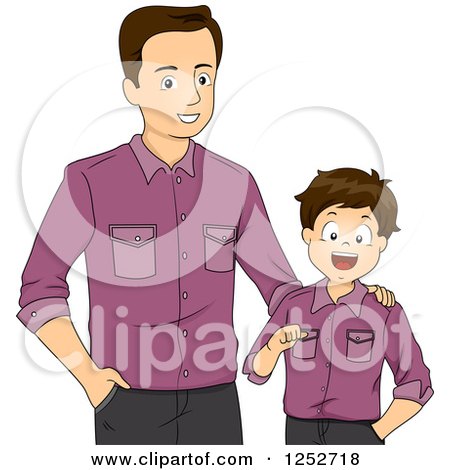 Clipart of a Brunette Caucasian Father and Son Wearing Matching Shirts - Royalty Free Vector Illustration by BNP Design Studio