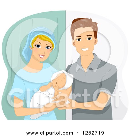 Clipart of a Caucasian Female Doctor Handing a Newborn to the Father - Royalty Free Vector Illustration by BNP Design Studio